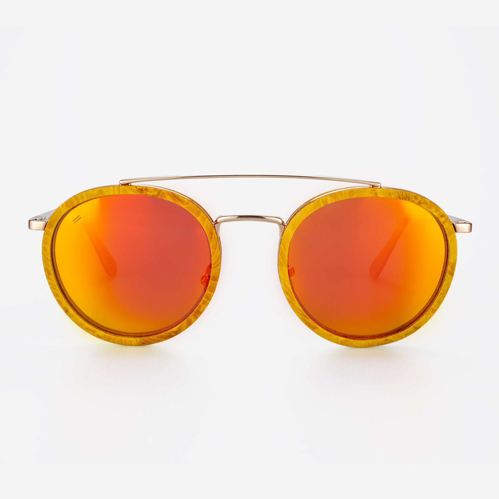 Ponce sunglasses featuring burl wood frames and a gold curved brow bar.