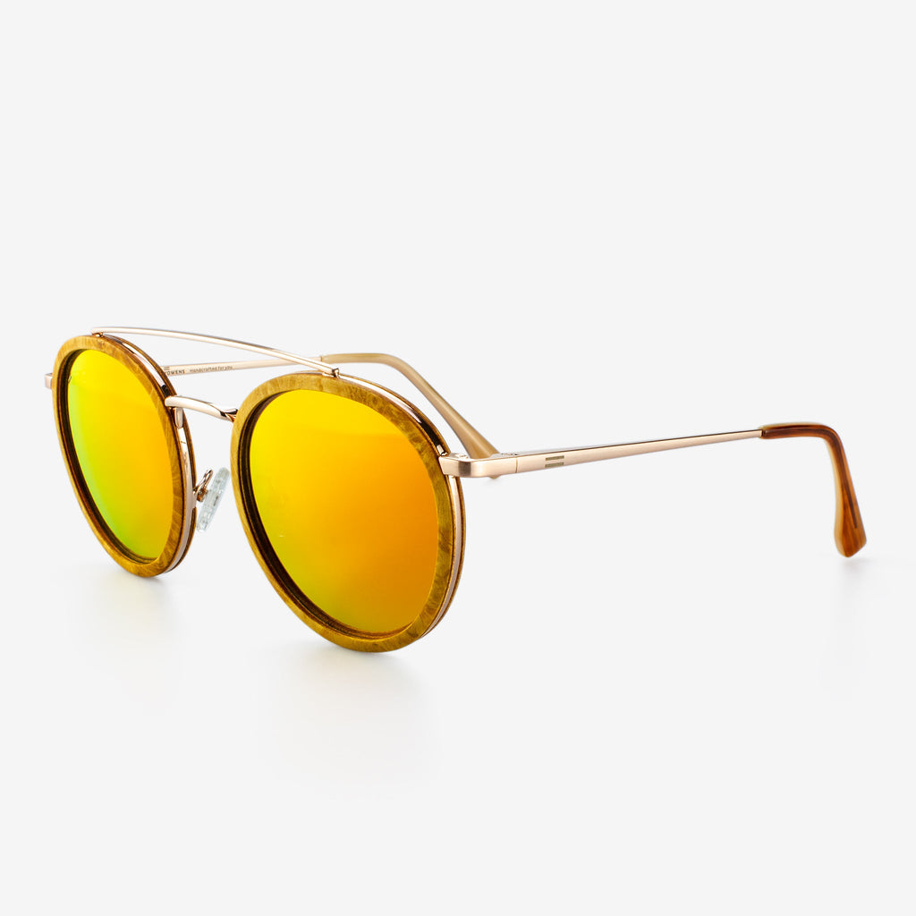 Ponce Burl Wood and Metal Curved Brow Sunglasses - Gold
