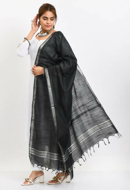Black Linen Cotton Dupatta with Elegant Silver Border