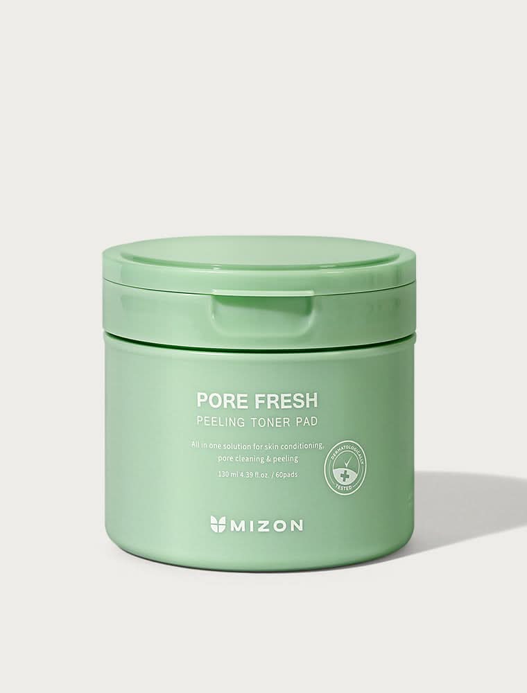 Mint green jar of MIZON Pore Fresh Peeling Toner Pads with white typography