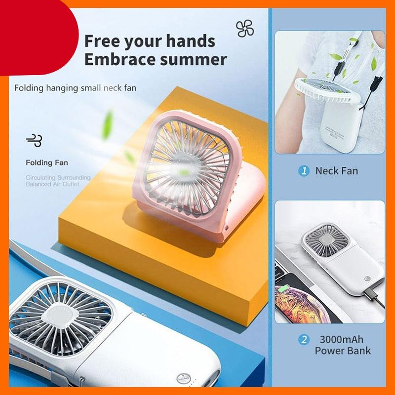 Foldable minimalist neck fan available in pink, blue, and white with integrated power bank.