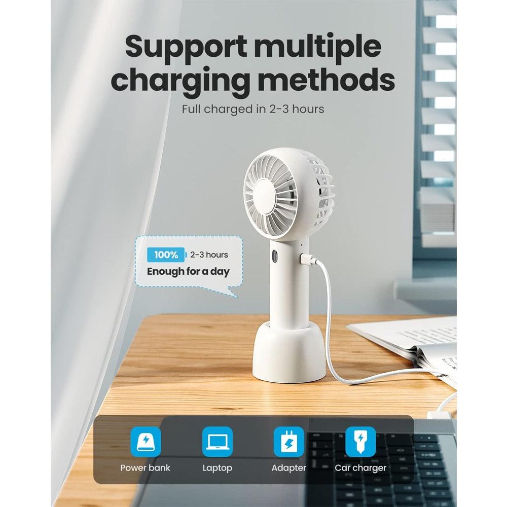 Mini Portable Handheld USB Fan with Base - 3-Speed Personal Fan