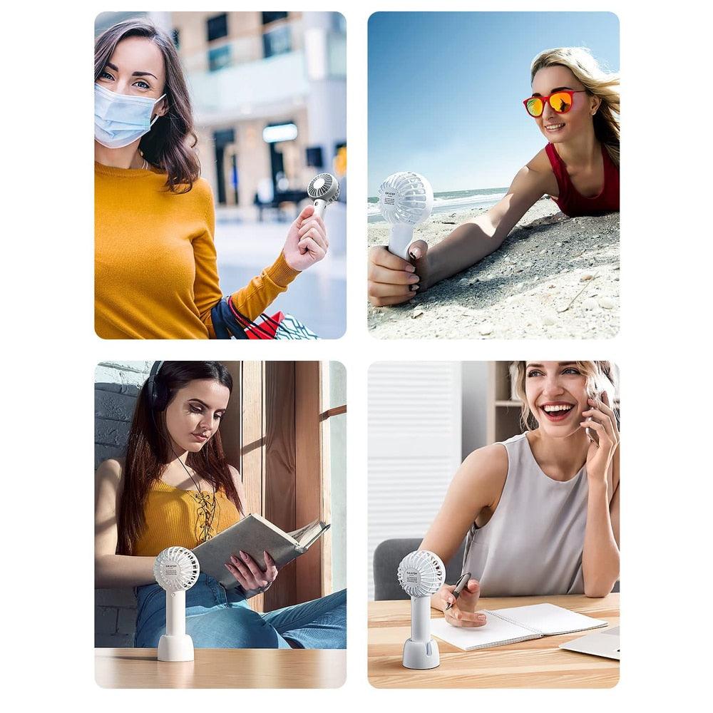 Mini Portable Handheld USB Fan with Base - 3-Speed Personal Fan