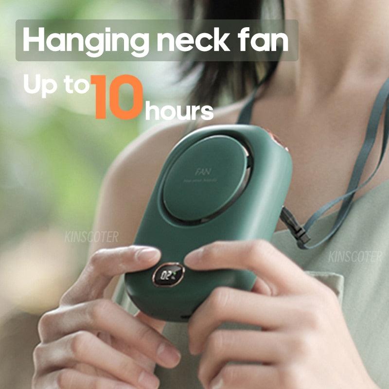 A sleek white bladeless wearable neck fan displayed against a minimalist background.