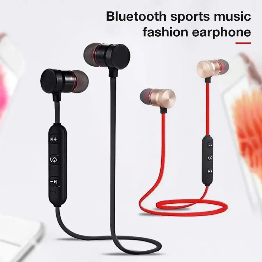 Sleek magnetic sport Bluetooth earphones in black, red, and gold colors.