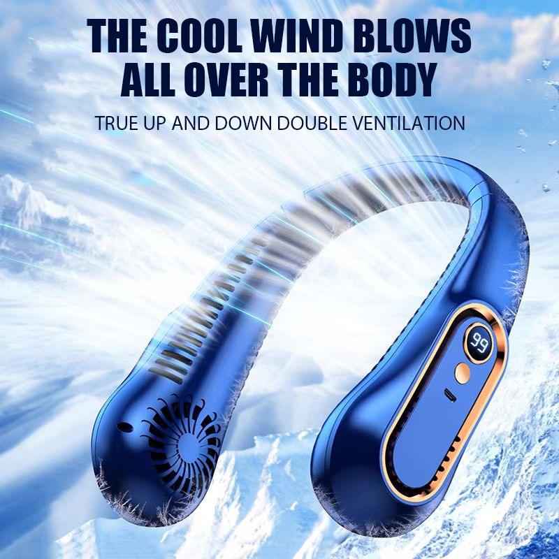 Portable metallic royal blue bladeless neck fan with copper-gold trim and digital display