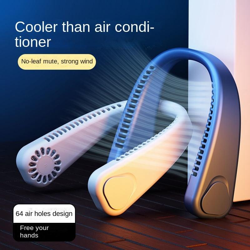 Stylish bladeless neck fan with headphone design, available in blue, white, and pink.