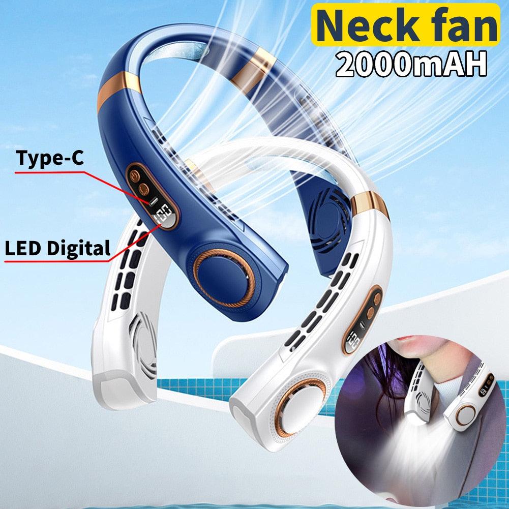 Portable white neck fan with digital LED display and ambient light feature