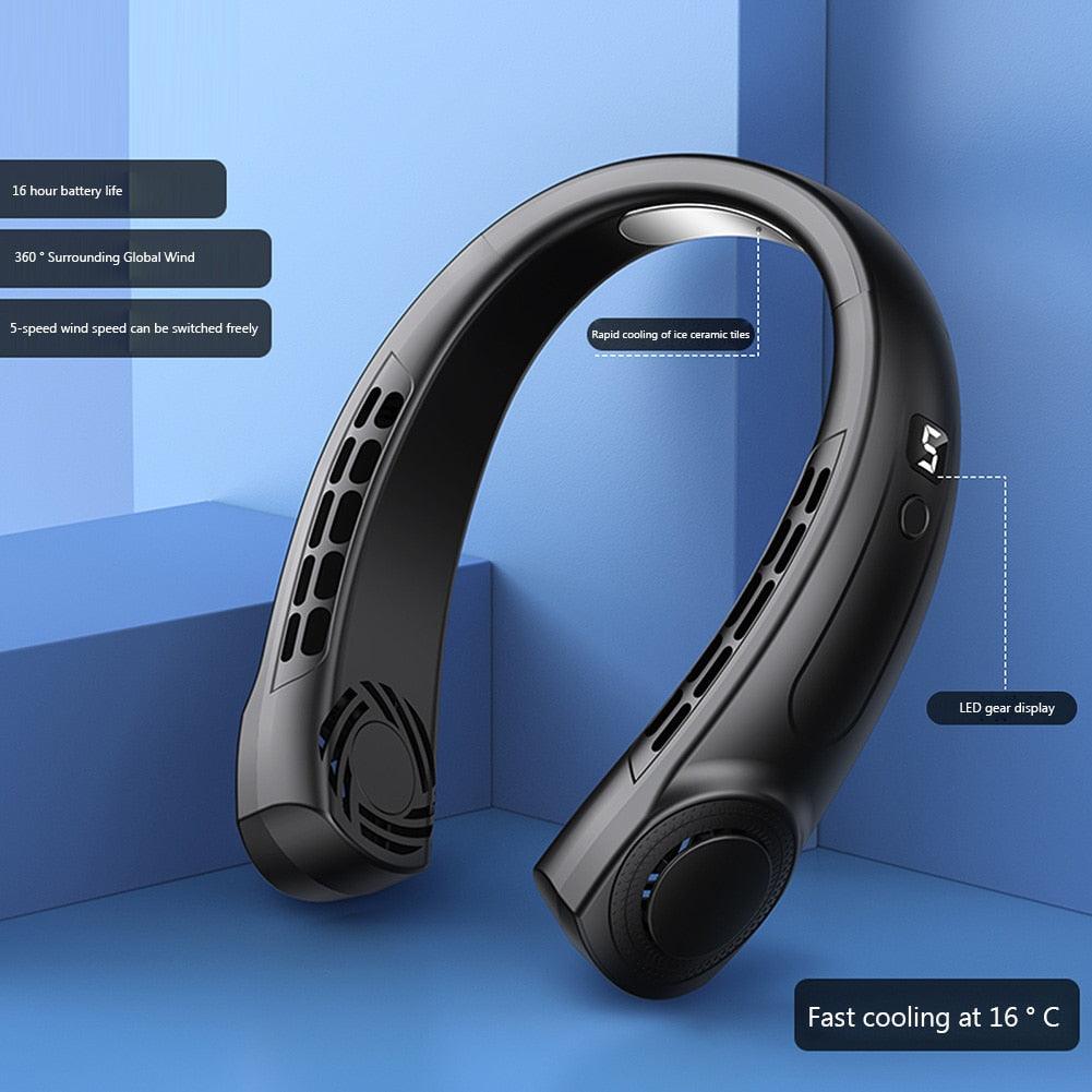 Portable Leafless Neck Fan with LED Display & 5 Speed Cooling
