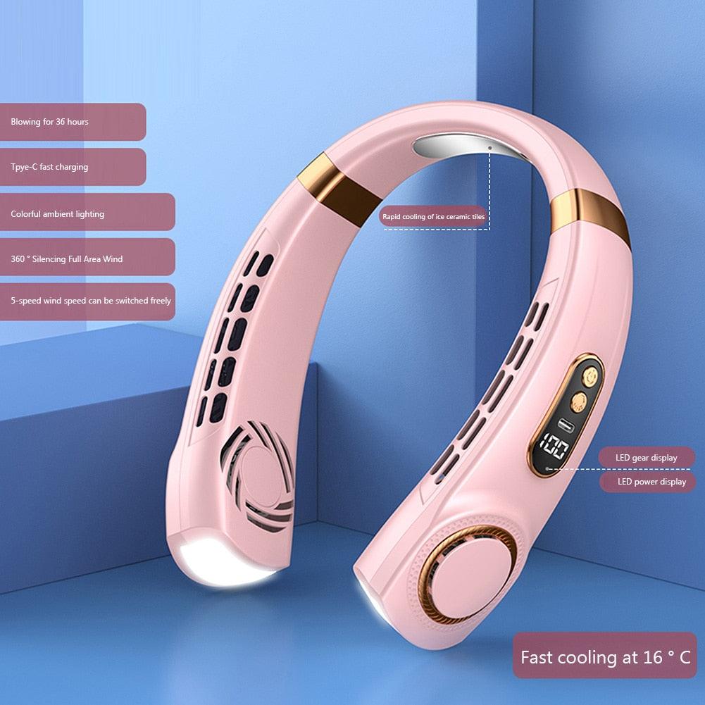 Portable Leafless Neck Fan with LED Display & 5 Speed Cooling