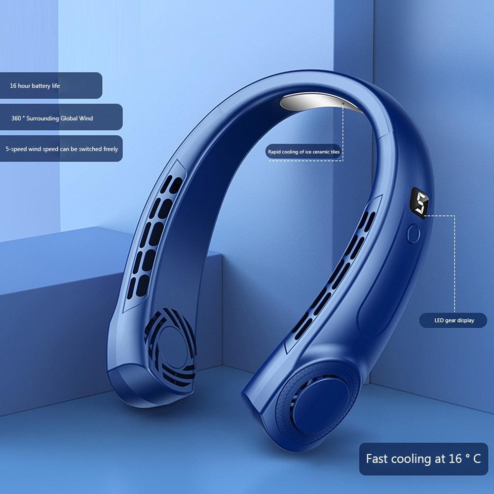 Portable Leafless Neck Fan with LED Display & 5 Speed Cooling