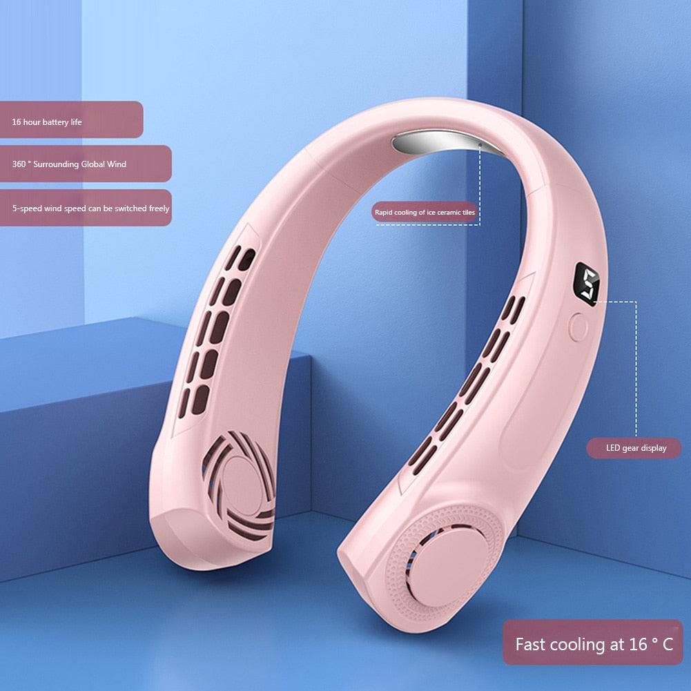 Portable Leafless Neck Fan with LED Display & 5 Speed Cooling