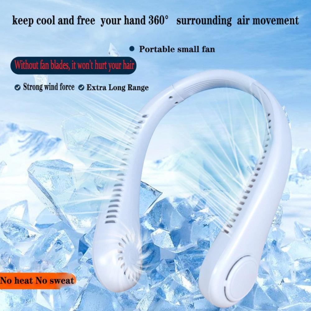 Modern white bladeless headphone-style neck fan with 360-degree surrounding cooling