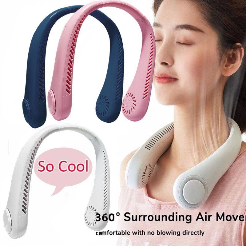 Minimalist blue wearable neck fan with bladeless design