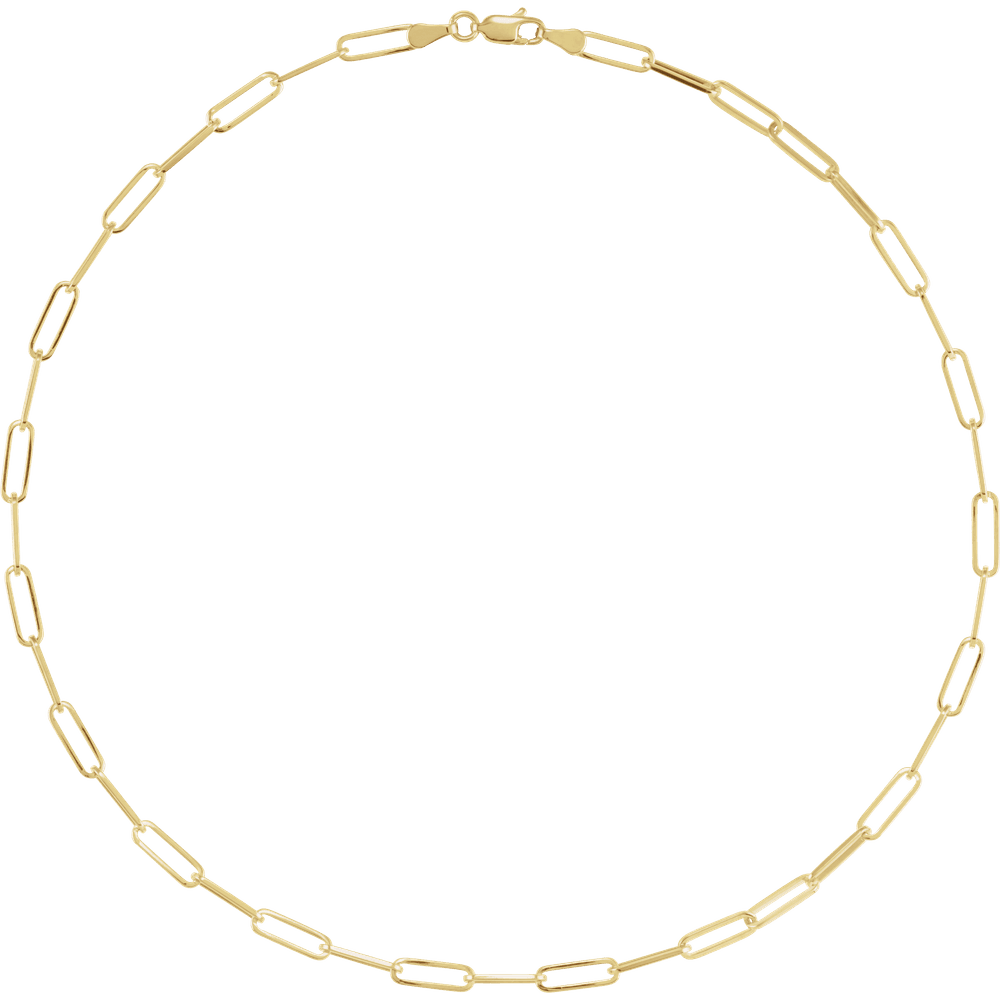 Close-up of a 14K yellow gold paperclip link necklace on a neutral background