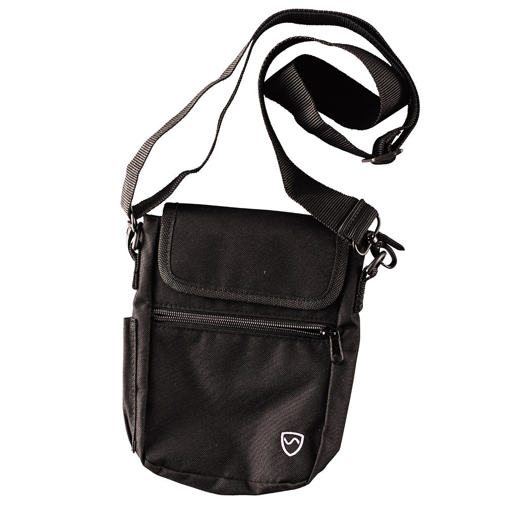 Black EMF shielding phone pouch with an adjustable shoulder strap and belt loop attachment.