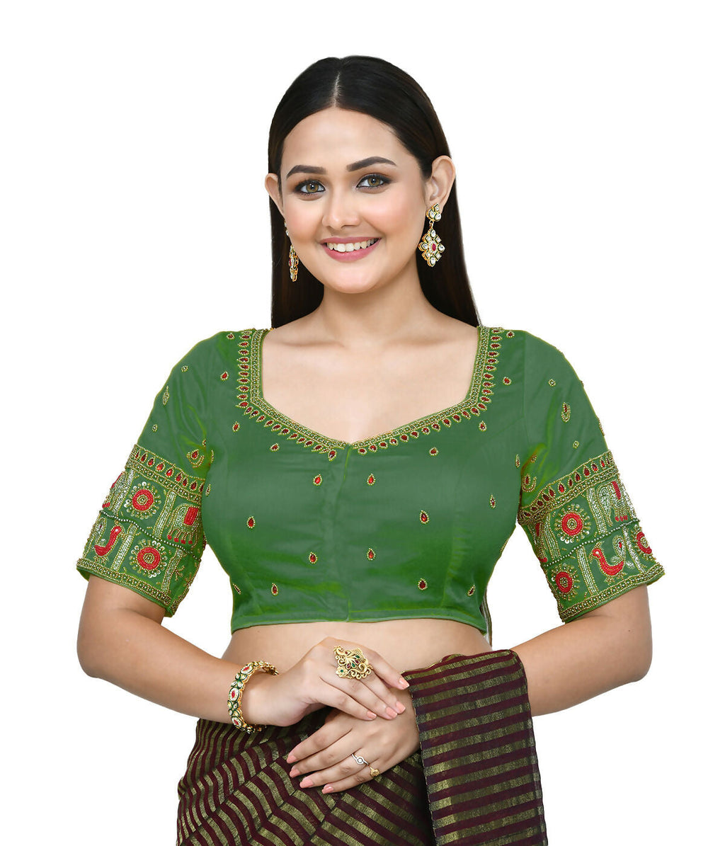 Vibrant green art silk stitched blouse with intricate embroidery for women