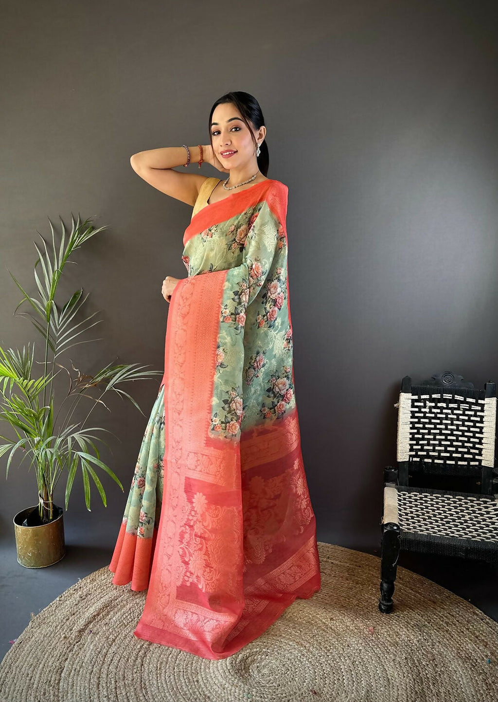Brick Red Floral Motif Banarasi Soft Silk Saree for Women