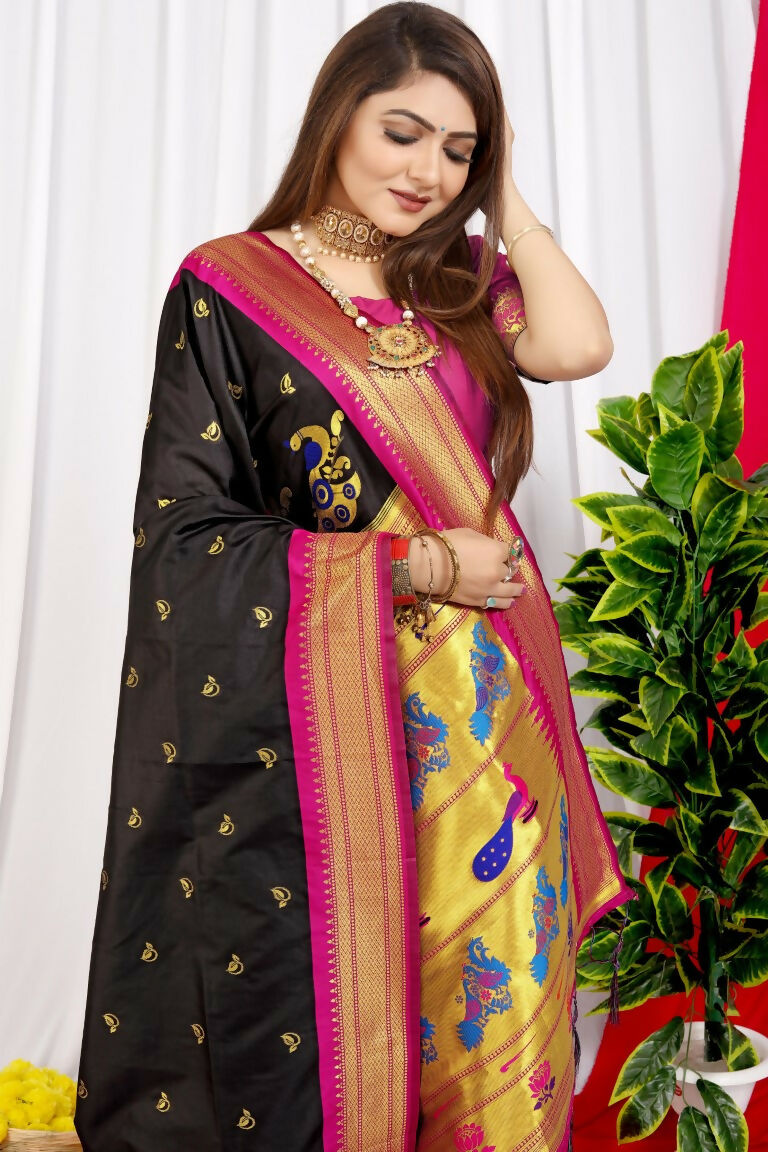 Black Paithani Silk Saree with Magenta Blouse