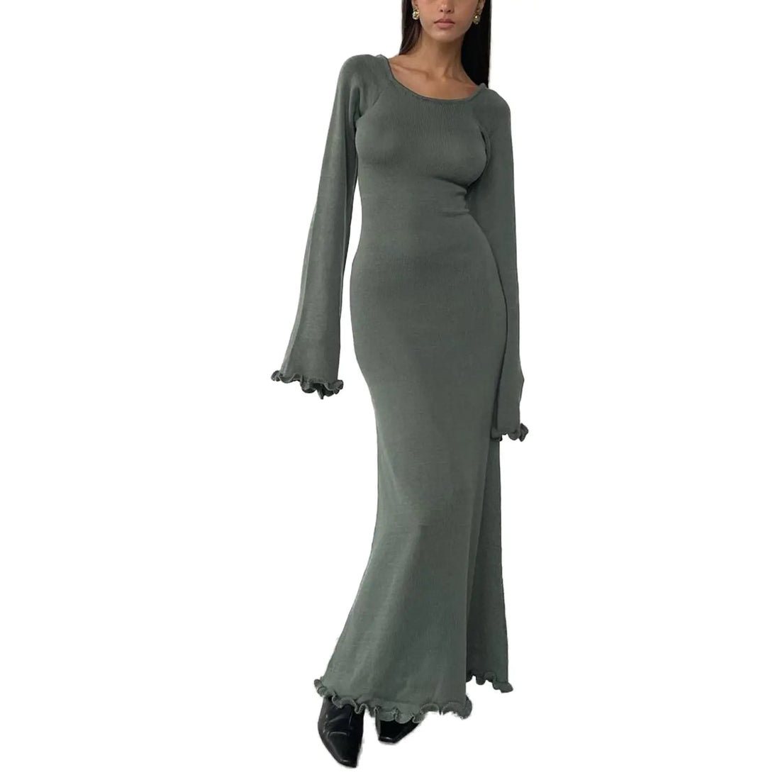 Women's Cream Long Sleeve Knitted Maxi Dress with Ruffle Hem - Image 3