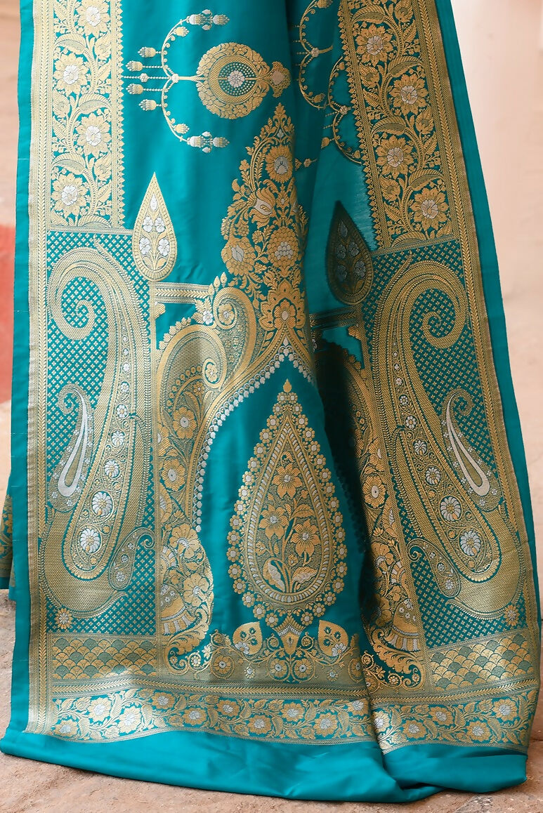 Teal Green Banarasi Soft Pure Handloom Silk Saree