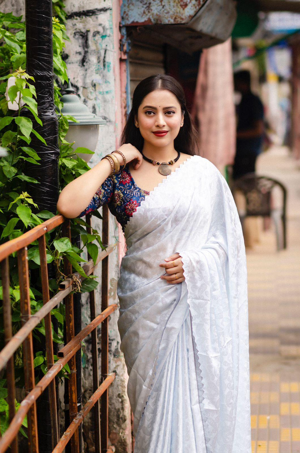 White Poly Silk Saree with Ethnic Mango Motifs and Cutwork Border