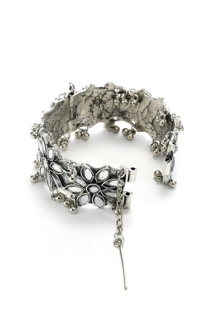 Kamal Johar Oxidised Silver-Plated Mirror Work Cuff Bracelet