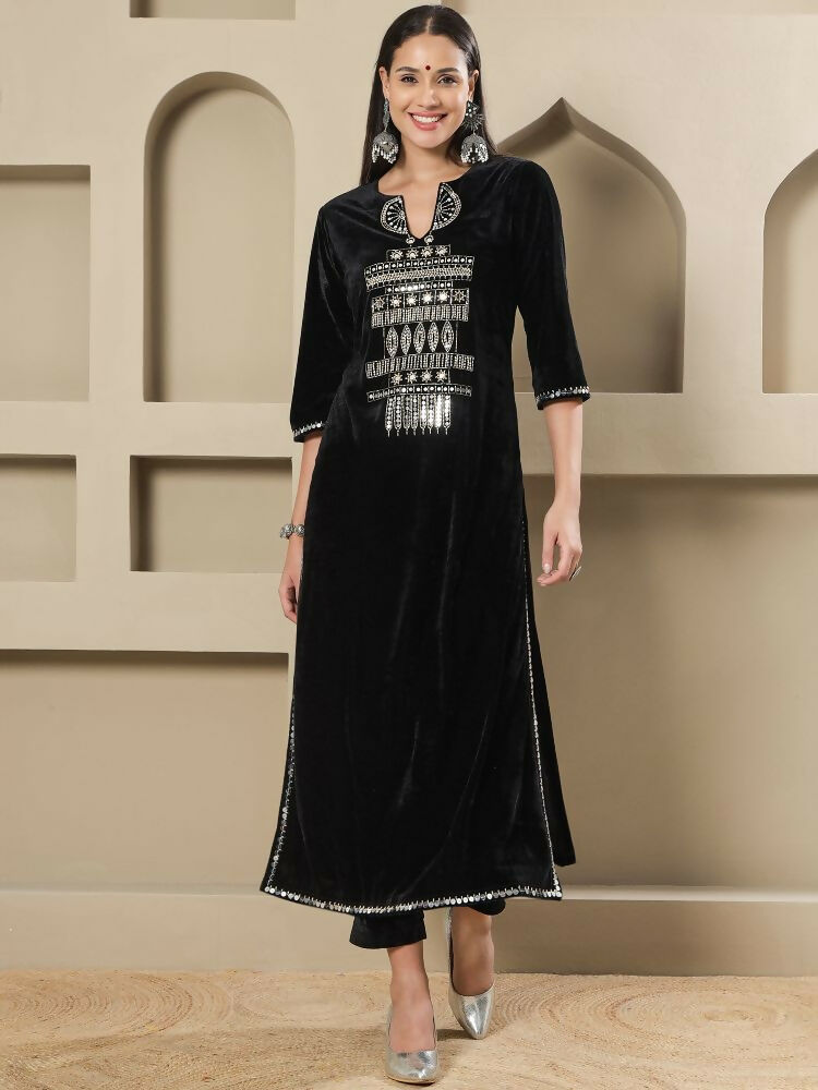 Black Velvet Kurta Set with Hand Embellishment - Stitched 2-Piece