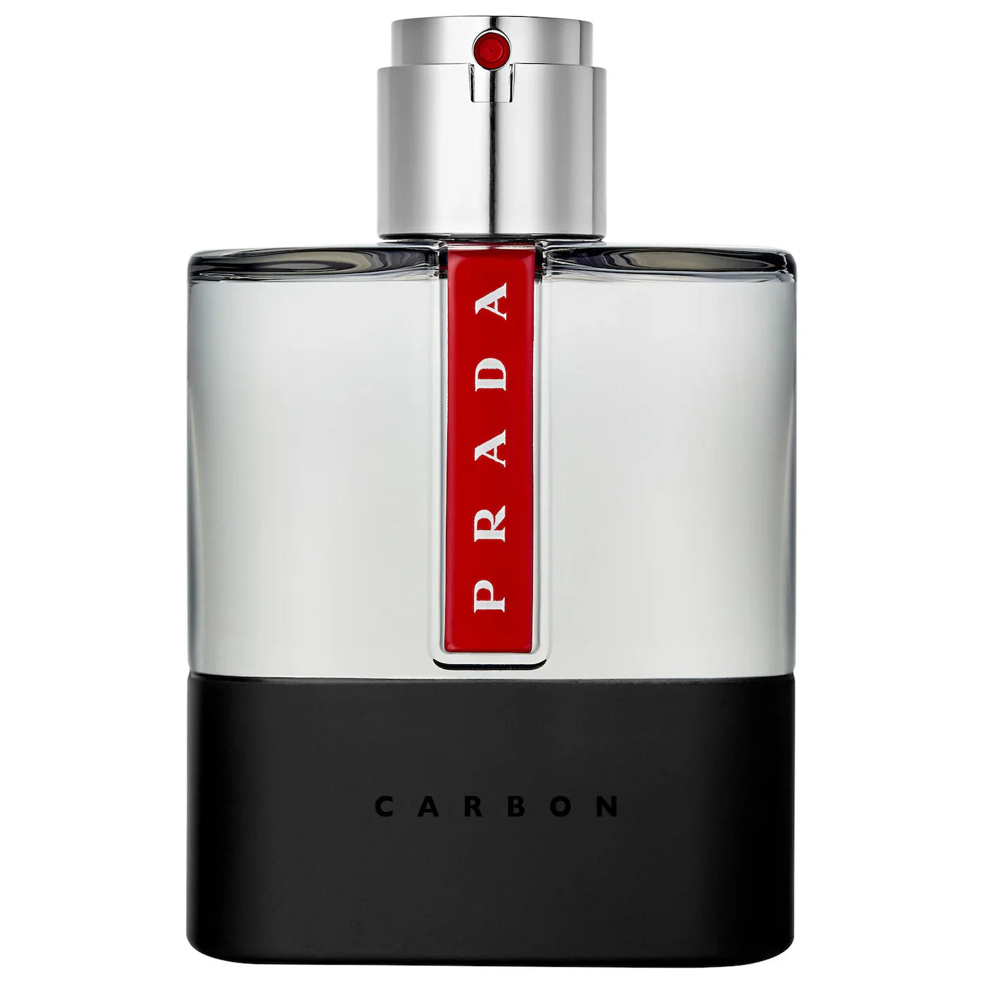 Prada Luna Rossa Carbon Eau de Toilette 3.4 OZ bottle featuring a sleek black and metallic design.