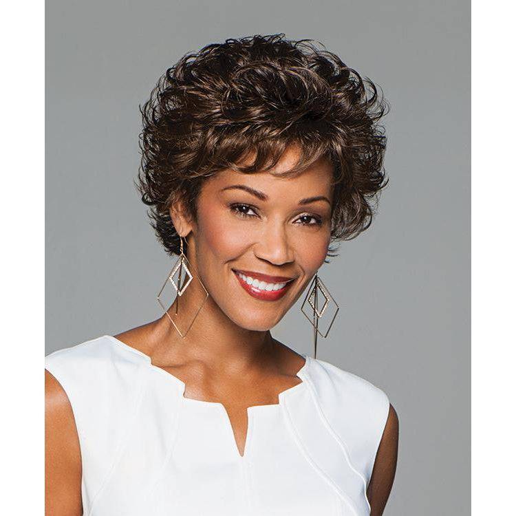 Precedence by Gabor short layered wig in dark chestnut brown with dimensional highlights.