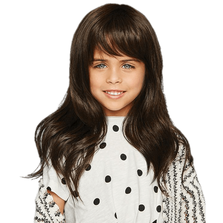 Young girl wearing a long, wavy dark brown Pretty in Layers Kidz wig