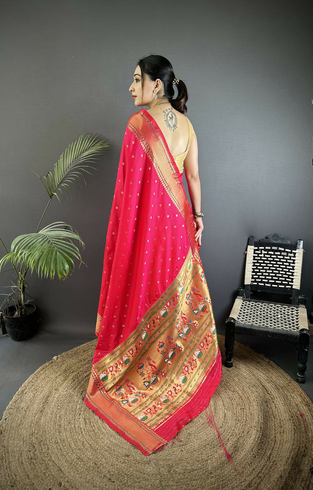 Magenta Pink Butti Woven Soft Lichi Silk Paithani Saree