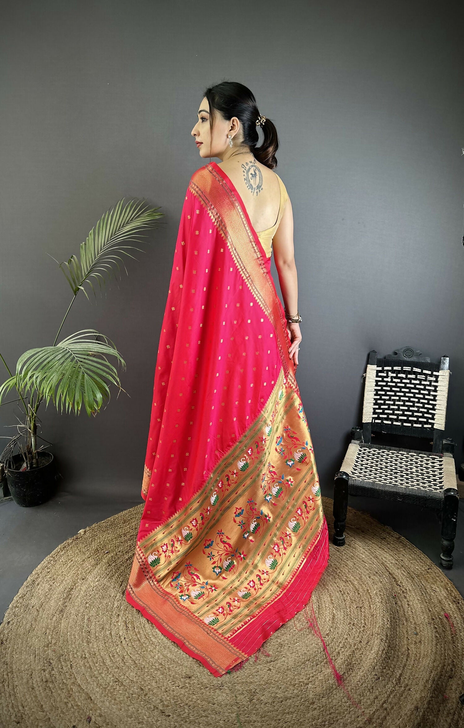 Magenta Pink Butti Woven Soft Lichi Silk Paithani Saree