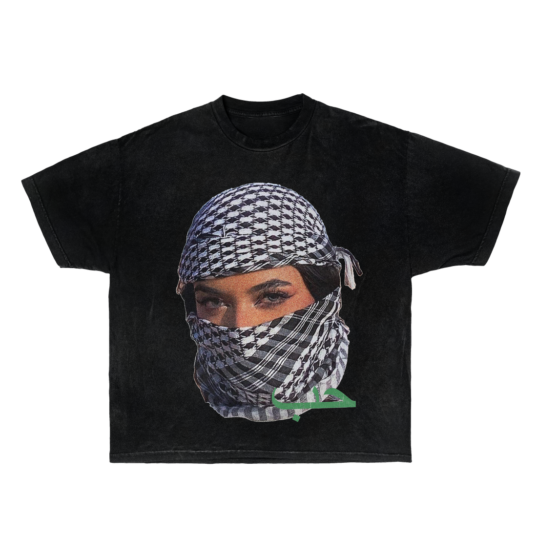 Black unisex streetwear t-shirt featuring a graphic print of a face wearing a patterned headscarf.