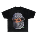 Black unisex streetwear t-shirt featuring a graphic print of a face wearing a patterned headscarf.