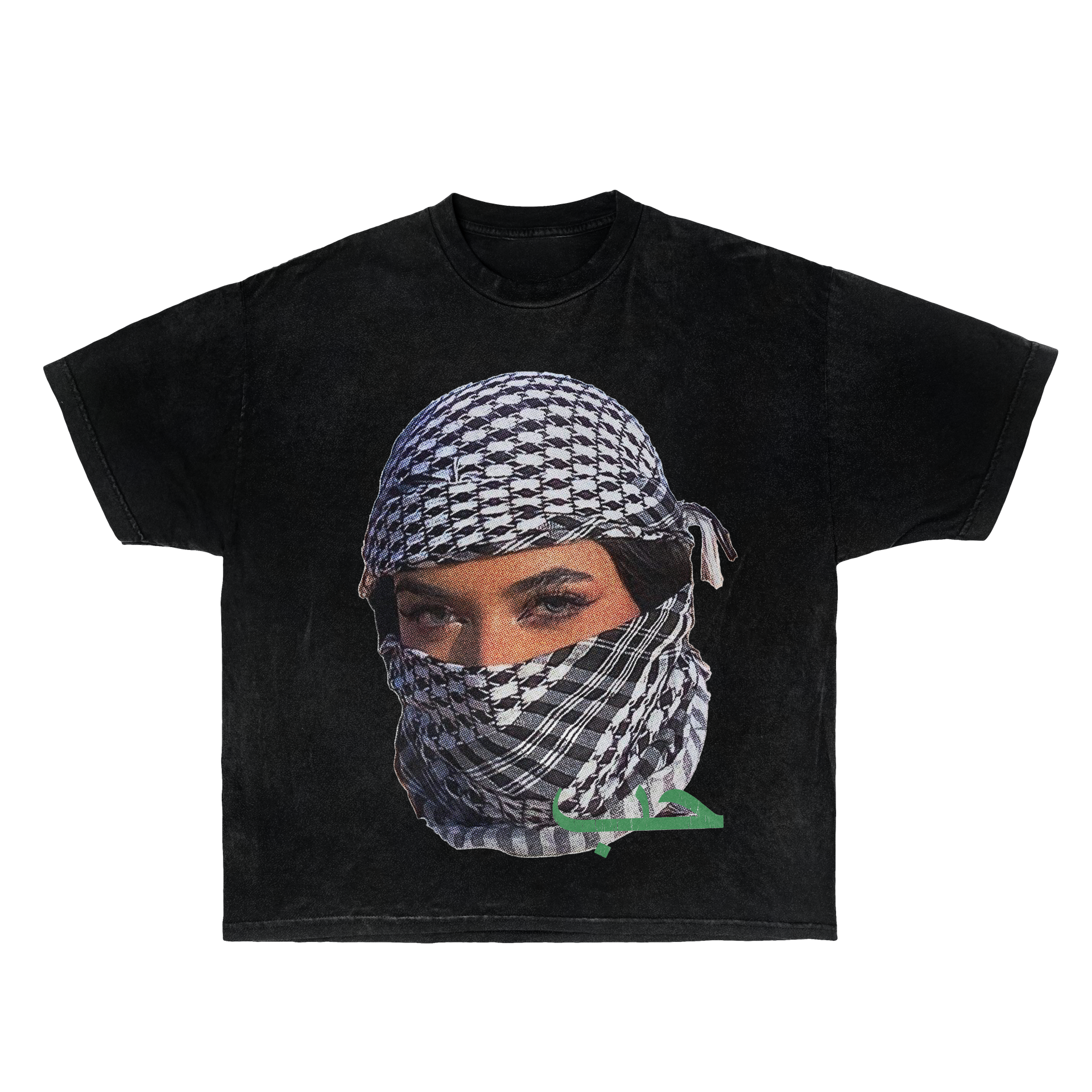 Black unisex streetwear t-shirt featuring a graphic print of a face wearing a patterned headscarf.