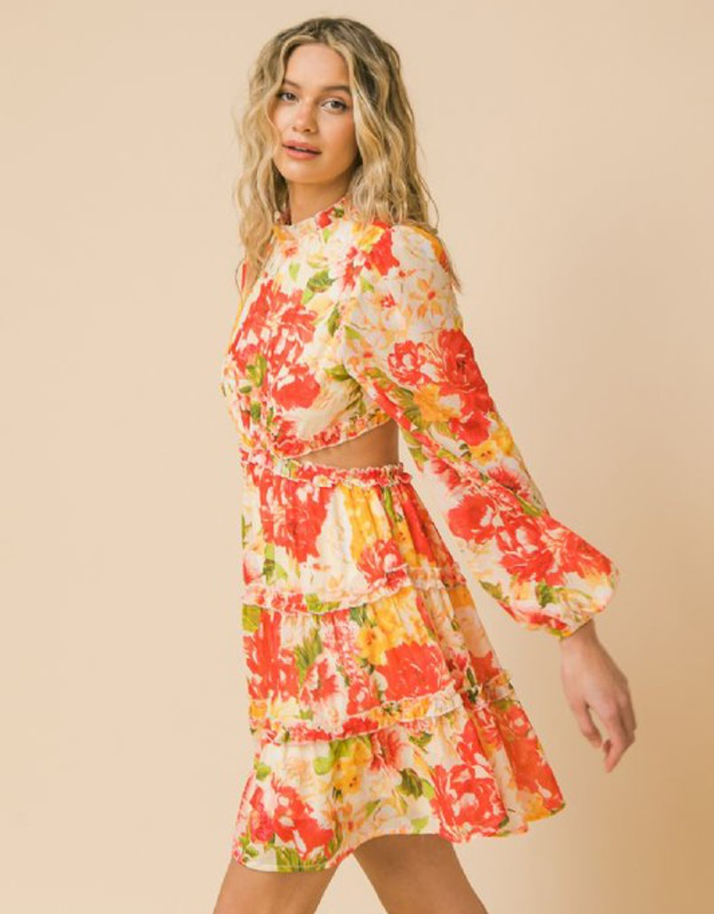 Printed Cut Out Mini Dress with Woven Fabric Finish