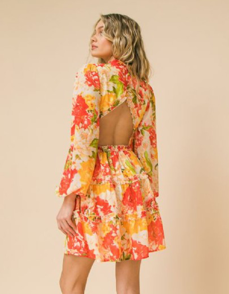 Printed Cut Out Mini Dress with Woven Fabric Finish