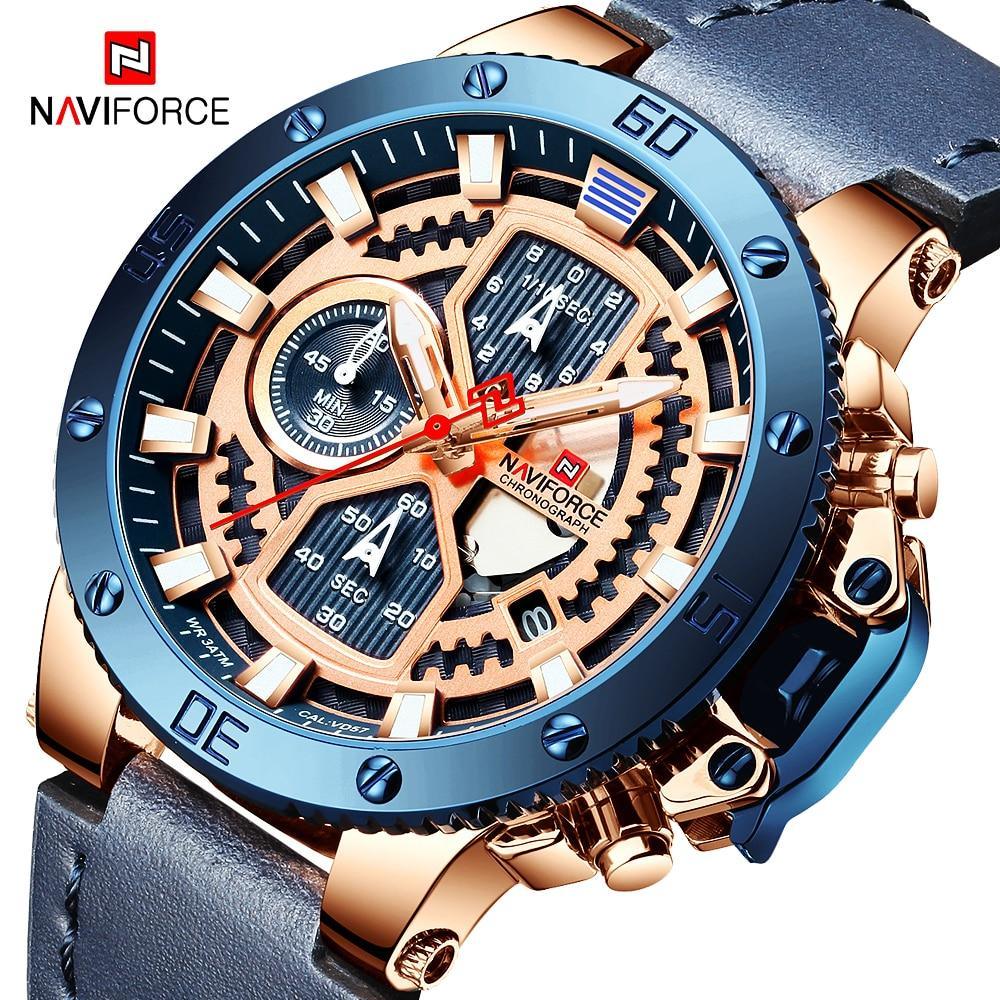 Men's casual chronograph watch with leather strap and water-resistant technical design.