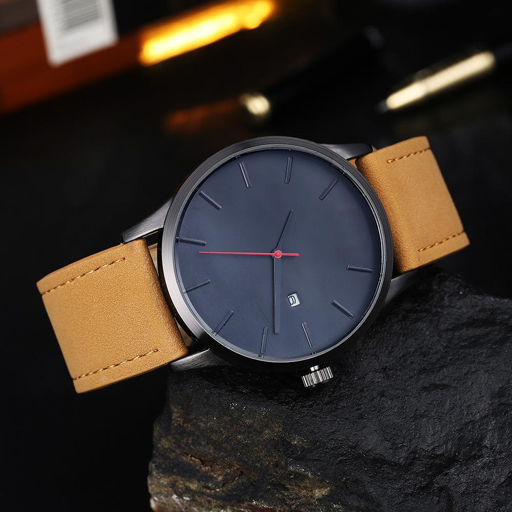 Minimalist Men's Leather Watch with Date Display - Tan, Brown, Black