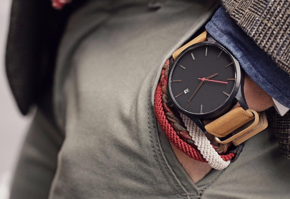 Minimalist Men's Leather Watch with Date Display - Tan, Brown, Black