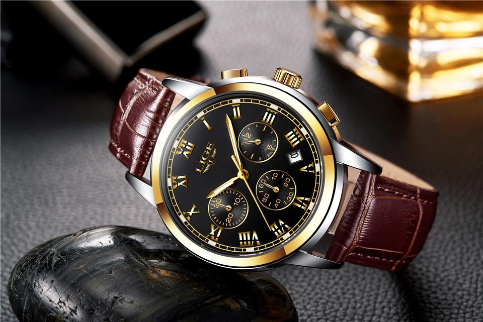 Men's Mechanical Business Watch with Leather Strap and Chronograph