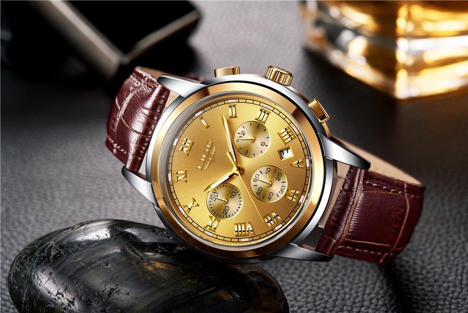 Men's Mechanical Business Watch with Leather Strap and Chronograph