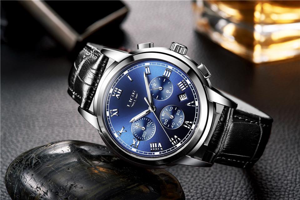 Men's Mechanical Business Watch with Leather Strap and Chronograph
