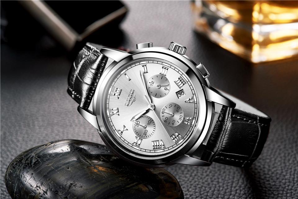 Men's Mechanical Business Watch with Leather Strap and Chronograph