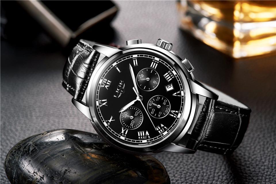 Men's Mechanical Business Watch with Leather Strap and Chronograph