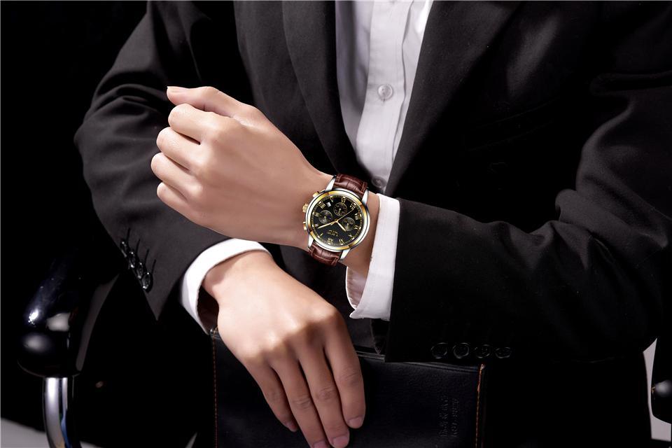 Men's Mechanical Business Watch with Leather Strap and Chronograph