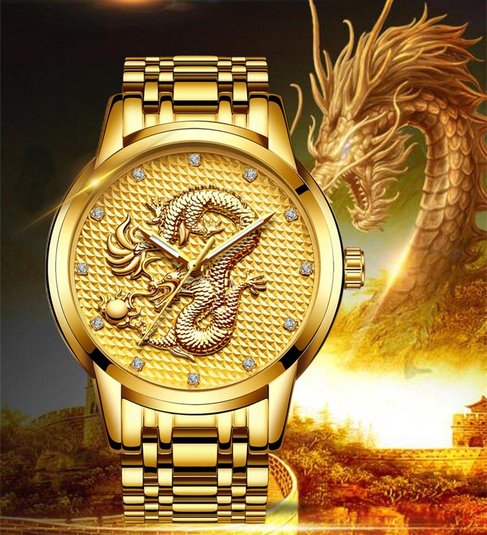Men's Waterproof 3D Dragon Luxury Gold Wristwatch Gift