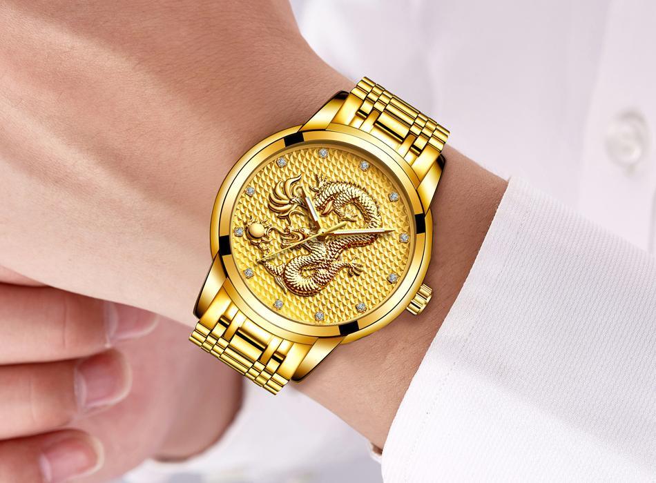 Men's Waterproof 3D Dragon Luxury Gold Wristwatch Gift