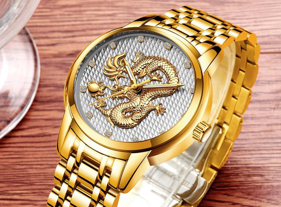 Men's Waterproof 3D Dragon Luxury Gold Wristwatch Gift